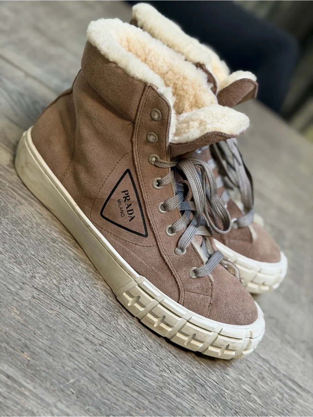 Prada Brown Suede Shearling-Lined Sneakers